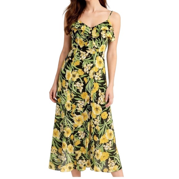 Bar III Dresses & Skirts - Bar III Floral Maxi Dress Women Large Black Yellow Excellent Ruffle Slit V-Neck